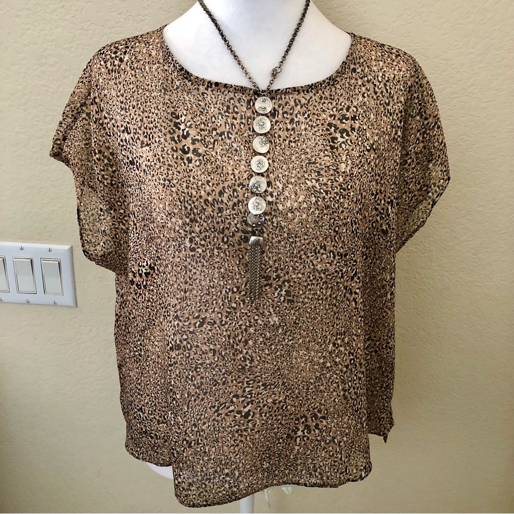 Express Brown Leopard-Print Short Sleeve Sheer Blouse